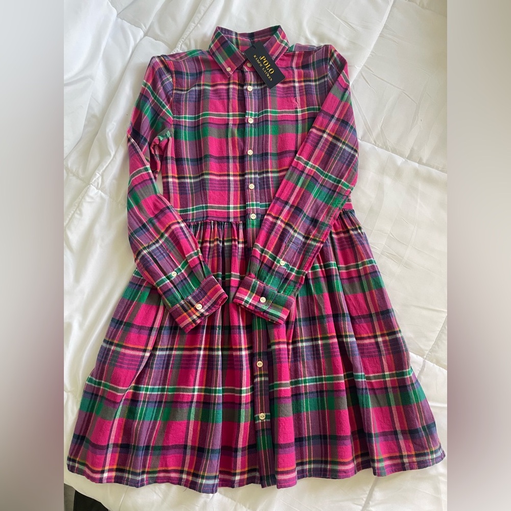 NWT Polo by Ralph Lauren Girls Pink Green Plaid Cotton Shirt Dress - Picture 3 of 6